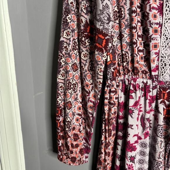 Knox Rose Purple Boho Printed Long Sleeve Dress With Buttons & Drawstring Sz M - Picture 4 of 7